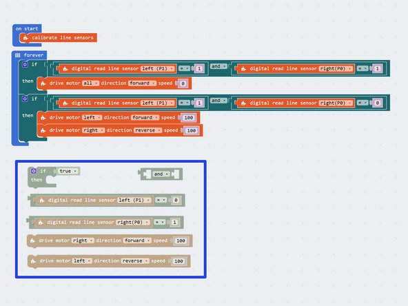 Add some more blocks to your program to check the sensors and turn left if we need to!