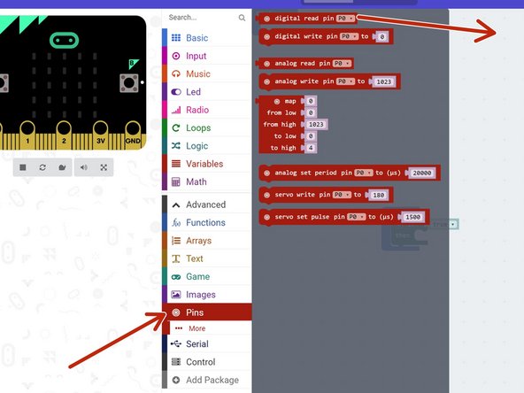To use the switch input in the If block, we use a digital read block, that will tell us if a pin is 0 or 1. Drag one into the program from the pins menu.