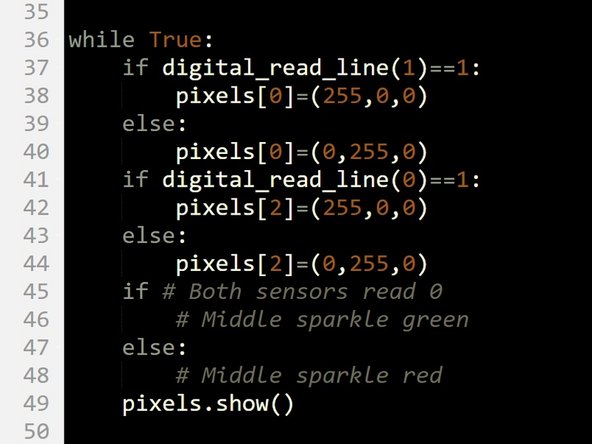 Let's add some more blocks so the middle Sparkle (Sparkle 1) is green when both sensors are on the line.
