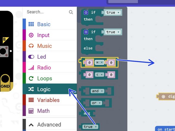 We need to check if the digital read of P1 is equal to 1. From the logic menu, drag an = block into the program.