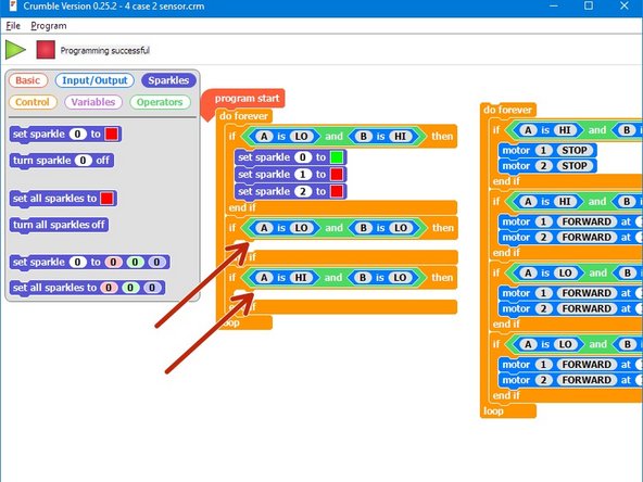 You may have thought the last program didn't look quite right - as the robot moved over the line, two Sparkles changed at once!