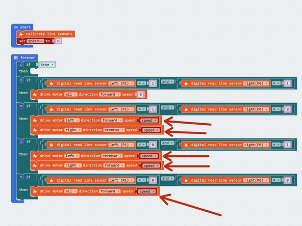 Let's use the variable we have just created to set the motor speeds!