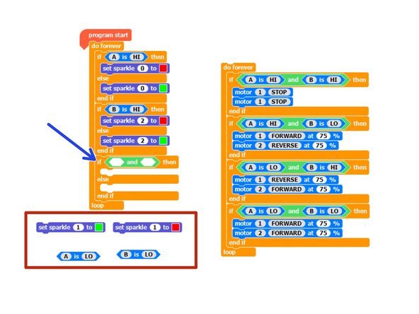 Let's add some more blocks so the middle Sparkle (Sparkle 1) is green when both sensors are on the line.