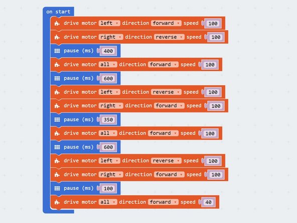 Using the wait time you worked out earlier for turning 90 degrees, write a simple program to make your robot drive around the obstacle.