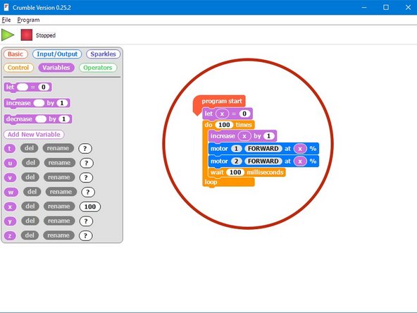 Change your code so that the motors start at 100%, and decelerate smoothly to 0.