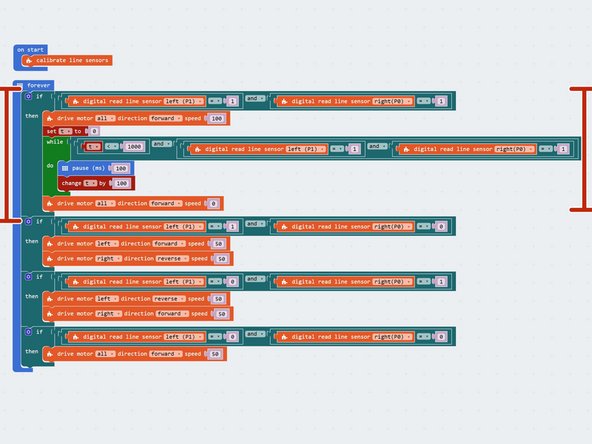 Let's merge our code with the 2 sensor line follower program to deal with simple breaks in the track.