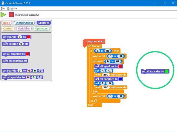 You may have noticed that the sparkles stay blue after we turn off the police lights and siren - let's change them so they are green!
