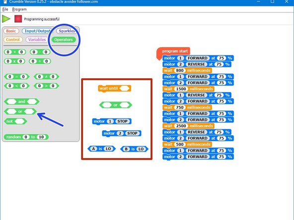 After the robot has driven around the box, it should drive forwards until one of the sensors finds the line again.