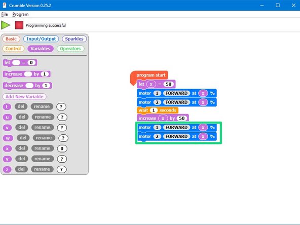 Now change the variable by using an increase block to increase x by 50.