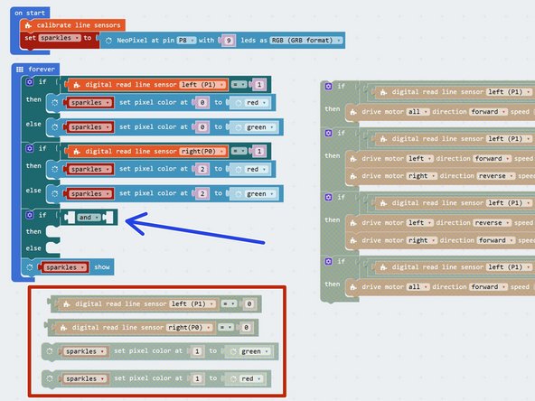 Let's add some more blocks so the middle Sparkle (Sparkle 1) is green when both sensors are on the line.