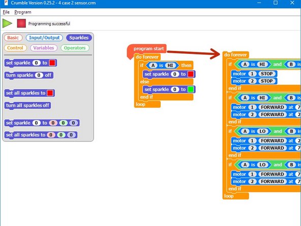 Let's use the outer two Sparkles (0 and 2) to show the state of the two infrared sensors.
