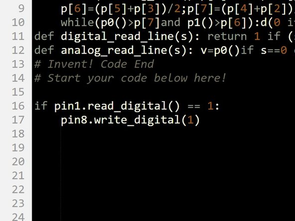 Make the program in the picture - it tests if the switch is pressed, and then turns on the red LED if it is.