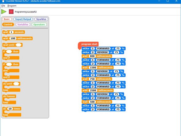 Using the wait time you worked out earlier for turning 90 degrees, write a simple program to make your robot drive around the obstacle.