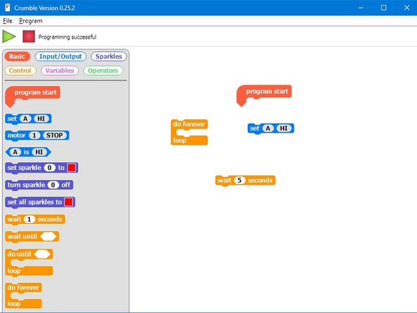 Now we know the plan, start by adding your program start, do forever loop and some blocks to wait 5 seconds then turn on the red LED.