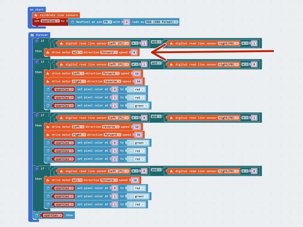 Add some more Sparkle blocks to the first IF block to turn all the Sparkles red if the robot is off the line.