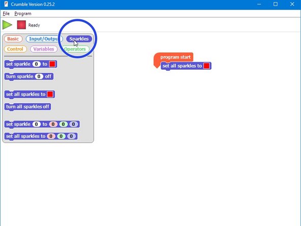 All the blocks we need for sparkles are in the sparkles menu. Click on it and have a look at all the new blocks you can use.