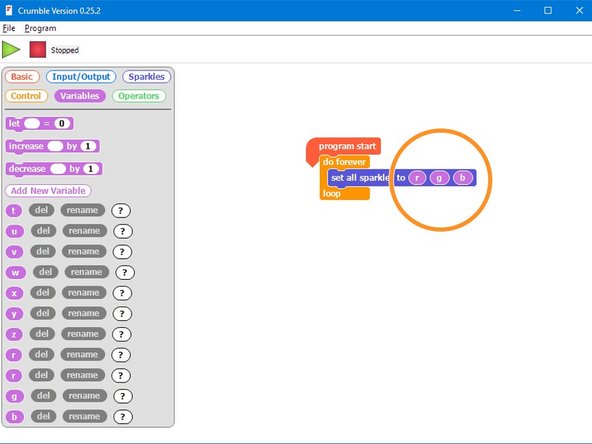 There's another Sparkle block we haven't used yet, that allows us to set the amount of red, green and blue using numbers instead of the colour picker. Drag one into the do forever loop.
