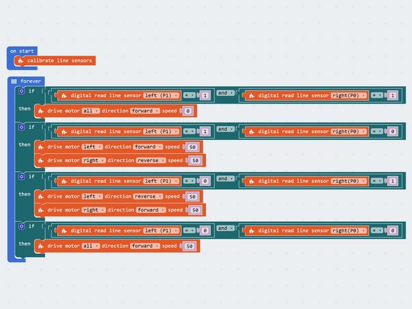 Load up your 2 sensor line follower code - it should look similar to the one in the picture.