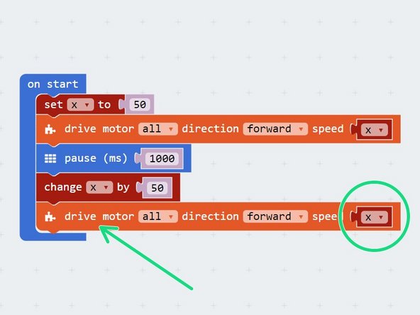 Now change the variable by using a change block to increase x by 50.