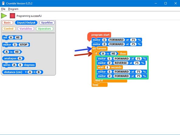 Now we can detect obstacles, let's make our robot turn out of the way and keep trying to go forward: