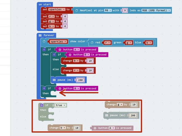 This is because the second If block is still true if we are holding down both buttons, so g is also increased by 10.