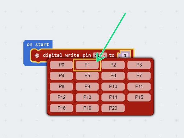 We can use the digital write block to set any of the connections (P0, P1, P2, P8, P12) to 1 or 0 (on or off).