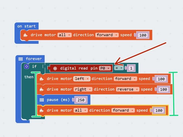 Now we can detect obstacles, let's make our robot turn out of the way and keep trying to go forward: