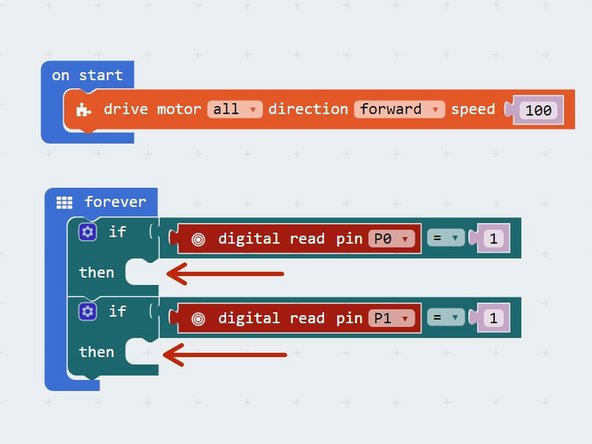 Make sure that when the left switch is hit, the robot reverses and then turns to the right,  (away from the obstacle) and when the right switch is hit it reverses and then turns to the left.