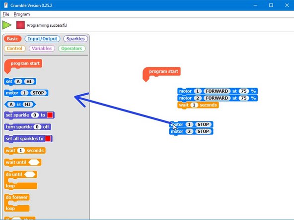 Click and drag the first motor block to move everything underneath it away from the program start.
