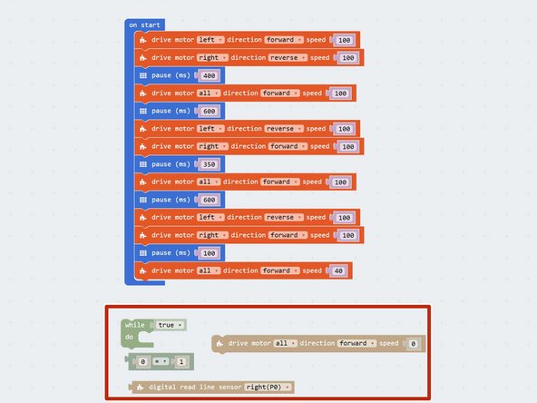 After the robot has driven around the obstacle, it should drive forwards until one of the sensors finds the line again.