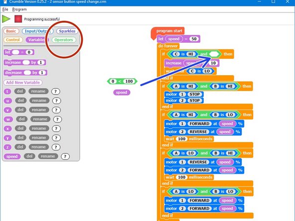 Program your robot and keep it plugged in - watch the value of speed on the variables screen and see what happens when it goes over 100.