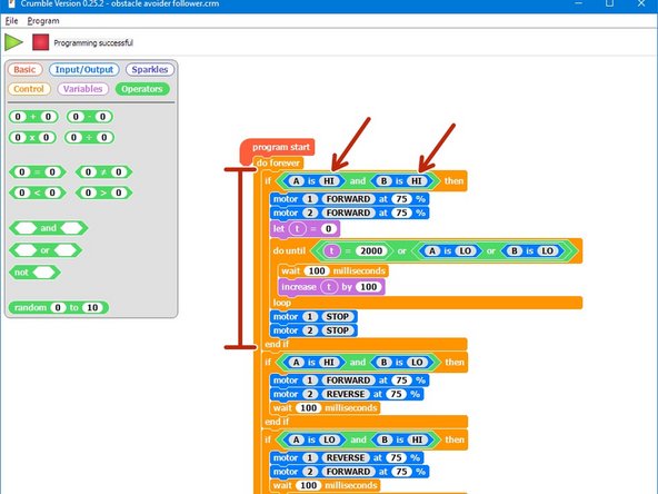 Let's merge our code with the 2 sensor line follower program to deal with simple breaks in the track.