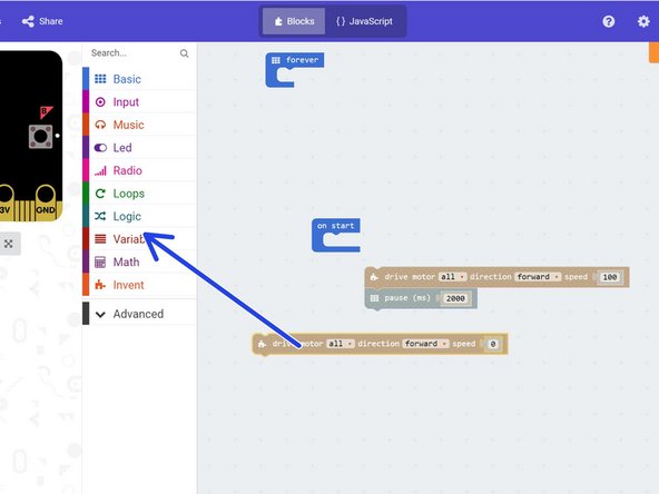 Click and drag the first motor block to move everything underneath it away from the on start block.