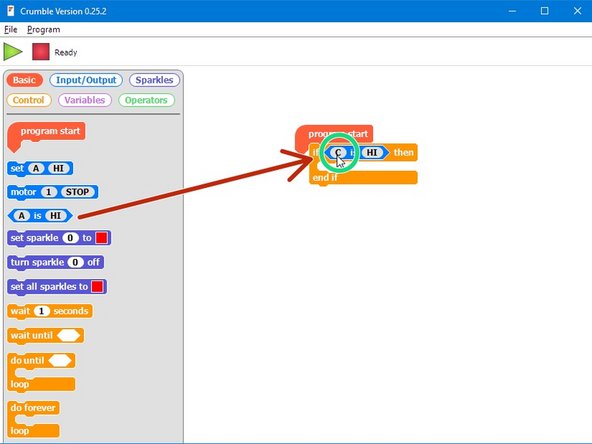 To use the switch input in the IF block, we use the angled block that checks if a letter is HI or LO. Drag one into the IF block.