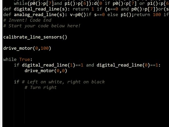 Add some more code to check the sensors, and turn right if we are slightly to the left of the track.