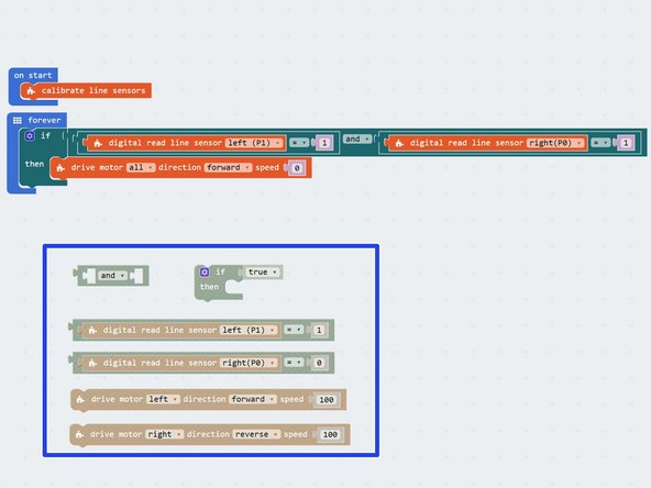 Add some more blocks to check the sensors, and turn right if we are slightly to the left of the track.