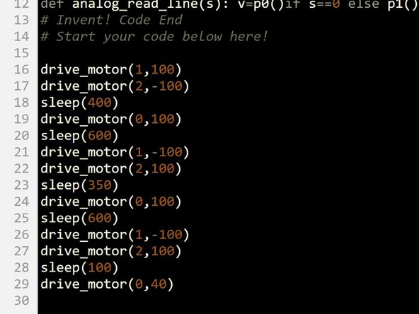 Using the wait time you worked out earlier for turning 90 degrees, write a simple program to make your robot drive around the obstacle.