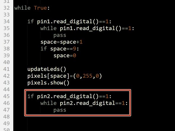 You code should now allow you to cycle the green LED by pressing the switch!