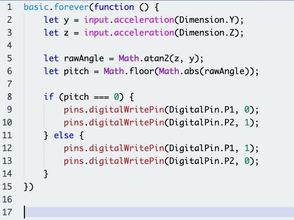On line 8, we use an if...else statement to see if the angle is 0 (i.e. flat). Notice the use of brackets to indicate where the comparison takes place.