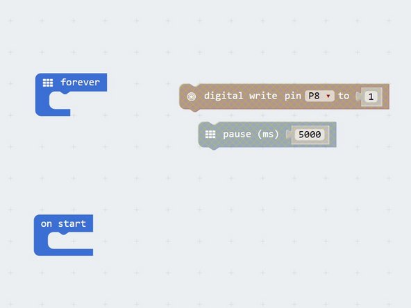 Now we know the plan, start by adding some blocks to the forever loop to wait 5 seconds then turn on the red LED.