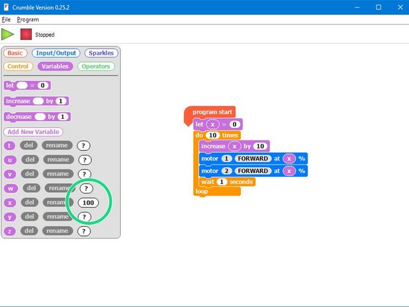By combining variables and loops, we can program things like acceleration very easily.