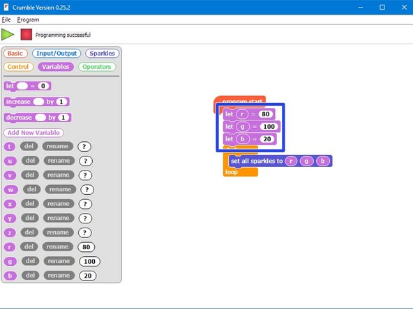 If you look in the variables menu, r, g, and b currently have no value at all (that's why you see a &quot;?&quot;).