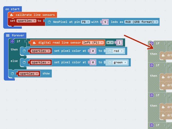 Let's use the outer front two Sparkles (0 and 2) to show the state of the two infrared sensors.
