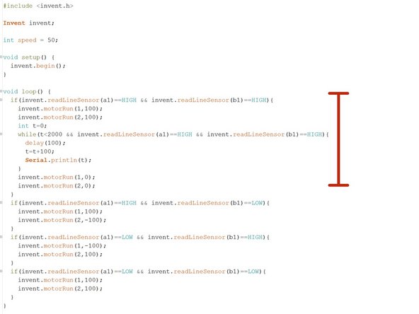 Let's merge our code with the 2 sensor line follower program to deal with simple breaks in the track.