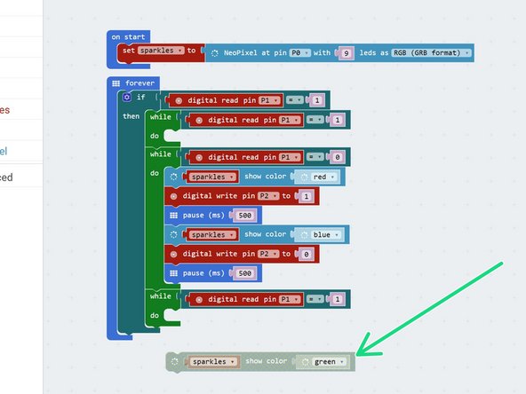 You may have noticed that the sparkles stay blue after we turn off the police lights and siren - let's change them so they are green!