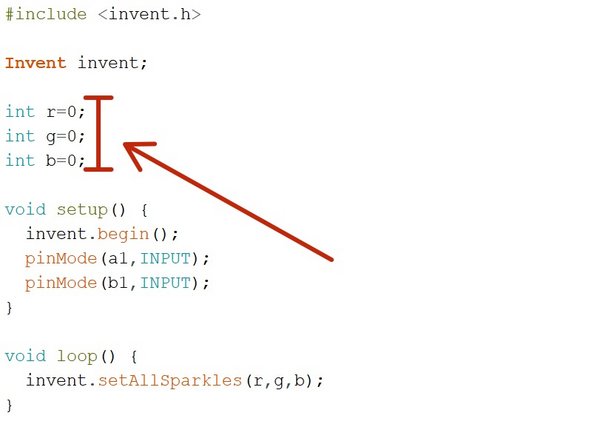 Before we can test it, we need to set r,g, and b to something other than 0, or the sparkles won't do anything!