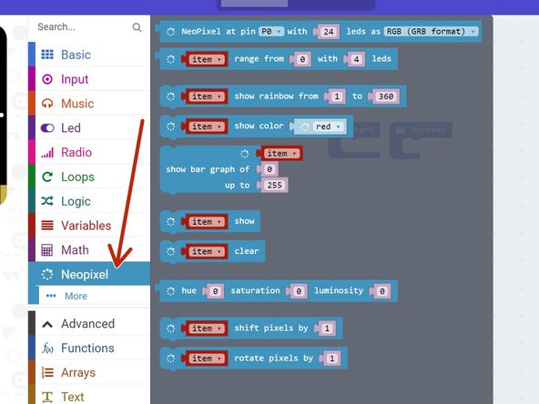 All the blocks we need for sparkles are in the new neopixels menu. Click on it and have a look at all the new blocks you can use.