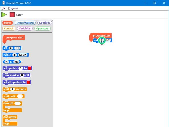 We can use the SET block to set any of the connections (A,B,C or D) to HI or LO (on or off).