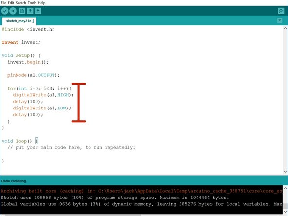 Put your code to send a dot with the red LED inside the for loop, so your robot sends an 's' with much less code.