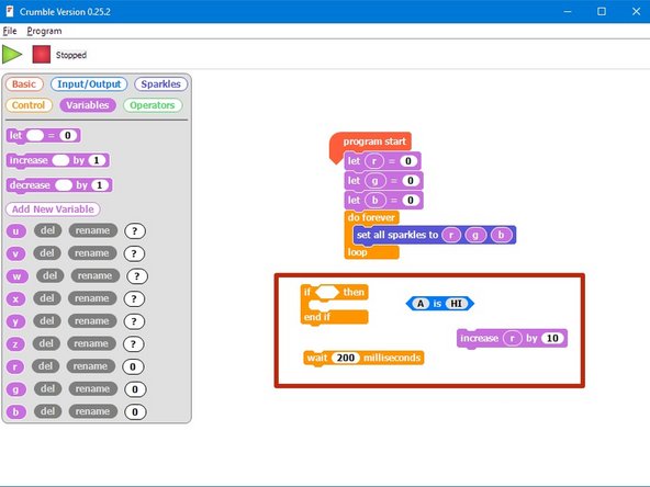 Now let's add some blocks to let use change the colour of the Sparkles using a switch.